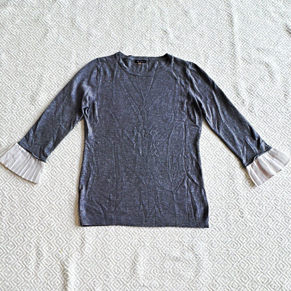 Vera Milano Gray Solid Knit Pullover Sweater Round Neck 3/4 Sleeve Sz S